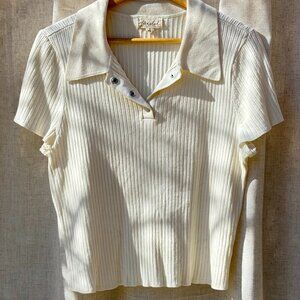 Marled Ribbed Knit Polo Top – White (Size XL)
